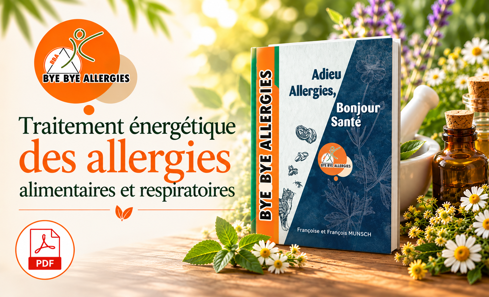 Livre "Adieu Allergies, Bonjour Sant&eacute; avec Bye Bye Allergies ", seconde &eacute;dition compl&eacute;t&eacute;e de ce livre &eacute;crit par Fran&ccedil;oise et Fran&ccedil;ois MUNSCH - C'est le livre &agrave; lire par toutes les personnes qui sont concern&eacute;es par les allergies, intol&eacute;rances, probl&egrave;mes digestifs de tous ordres, douleurs et fatigue chroniques, maladies auto-immunes, etc.... Les auteurs y expliquent avec p&eacute;dagogie dans ce volume de 130 pages la m&eacute;thode, ses origines, sa pratique, et ses r&eacute;sultats. Cet ouvrage est agr&eacute;ment&eacute; de nombreux t&eacute;moignages et vous entretient &eacute;galement de leur d&eacute;marche de validation objective des r&eacute;sutats &agrave; l'aide d'une cam&eacute;ra &agrave; photons.&nbsp;Adieu allergies, bonjour sant&eacute;&nbsp;&raquo;, titre bien modeste pour une m&eacute;thode r&eacute;volutionnaire qui permet de r&eacute;gler de tr&egrave;s nombreuses d&eacute;sorganisations du corps, aidant ainsi celui-ci &agrave; retrouver peu &agrave; peu l&rsquo;&eacute;tat de sant&eacute;. L&rsquo;allergie au sens de &laquo;&nbsp;Bye Bye Allergies&reg;&nbsp;&raquo; est beaucoup plus vaste que ce que nous appelons couramment &laquo;&nbsp;allergie&nbsp;&raquo;, et qui est souvent assimil&eacute;e &agrave; la &laquo;&nbsp;r&eacute;action allergique&nbsp;&raquo;, par exemple quand je mange des fraises des plaques rouges apparaissent sur mon corps, c&rsquo;est une r&eacute;action allergique visible. Mais peut-&ecirc;tre que cette r&eacute;action apparente aux fraises est le r&eacute;v&eacute;lateur d&rsquo;une d&eacute;stabilisation g&eacute;n&eacute;rale du corps : quand un organisme ne sait plus g&eacute;rer des substances avec lesquelles il est en contact au quotidien, il se fragilise progressivement, entrainant l&rsquo;apparition de sympt&ocirc;mes de plus en plus importants. &laquo;&nbsp;Bye Bye Allergies&reg;&nbsp;&raquo; recherche la source du probl&egrave;me, trouve tout ce qui d&eacute;sorganise le corps ( &agrave; l&rsquo;aide de tests de r&eacute;sistance musculaire en pr&eacute;sence de fioles encod&eacute;es ), puis le re-programme : un travail sp&eacute;cifique d&rsquo;acupressure, permet au corps de retrouver le &laquo;&nbsp;mode d&rsquo;emploi&nbsp;&raquo; de ces substances, &eacute;motions, m&eacute;moires &eacute;motionnelles n&eacute;gatives qui entravent &agrave; des degr&eacute;s divers l&rsquo;&eacute;tat de sant&eacute; et sont de ce fait le berceau des pathologies. Traitement &eacute;nerg&eacute;tique/naturel des allergies - M&eacute;thode/Technique naturelle d&rsquo;&eacute;limination des intol&eacute;rances/sensibilit&eacute;s alimentaires/respiratoires (r&eacute;solution de l&rsquo;hypersensibilit&eacute;) - Bba-byebyeallergies.org - Bye Bye Allergies, cr&eacute;&eacute; par Fran&ccedil;oise et Fran&ccedil;ois Munsch (praticiens/formateurs reconnus en traitement naturel des allergies/sant&eacute; naturelle), est la m&eacute;thode r&eacute;f&eacute;rente en traitement naturel et &eacute;nerg&eacute;tique des allergies en France, Suisse, Italie, Espagne,&hellip; - Bye Bye Allergies propose ainsi une technique naturelle novatrice d&rsquo;&eacute;quilibrage &eacute;nerg&eacute;tique, d&rsquo;&eacute;limination des allergies, des intol&eacute;rances et des sensibilit&eacute;s (allergies, intol&eacute;rances, rhume des foins, troubles cutan&eacute;s, troubles respiratoires, troubles auto-immuns, hypersensibilit&eacute;s multiples, d&eacute;ficits immunitaires, traumatismes &eacute;motionnels, m&eacute;moires &eacute;motionnelles). Traitement &eacute;nerg&eacute;tique/naturel des allergies alimentaires/respiratoires - Traitement des troubles cutan&eacute;s/probl&egrave;mes de peau - Soin &eacute;nerg&eacute;tique &eacute;lectrosensibilit&eacute;/hypersensibilit&eacute;  - Traitement &eacute;nerg&eacute;tique/naturel des allergies - Bye Bye Allergies