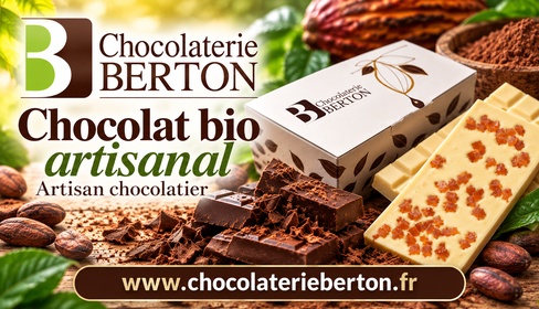Chocolat bio artisanal - Artisan chocolatier - La Chocolaterie Berton - Omegachoco La Chocolaterie Berton à Availles-en-Châtellerault en France près de Poitiers et du Futuroscope spécialisée en chocolat bio, propose une gamme de chocolats nutritionnels. Jean-Claude Berton, Maître Artisan chocolatier depuis plus de 40 ans. La Chocolaterie J.C. Berton, située à Availles-en-Chatêllerault en France près de Châtellerault dans la Vienne (86). Elle est dirigée par Jean-Claude Berton avec plus de 40 ans d’expérience dans le métier. Si vingt ans séparent la spécialité « La Boule du Futuroscope » de « l’OMEGACHOCO », ils sont pareillement emblématiques de la personnalité de leur créateur. Fine alliance du chocolat et de la pâte d’amande pour le premier, vertueux assemblage de fèves de cacao et de graines de lin pour le second, ces deux chocolats résultent de l’esprit d’innovation de Jean-Claude Berton.