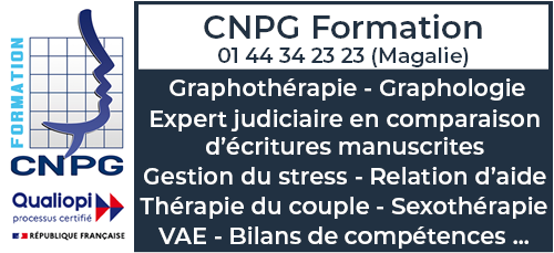 CNPG - Formations en graphologie, psychothérapie, psychologie, graphothérapie, sophrologie, pnl, analyse transactionnelle, hypnose, coaching, médiation, morphopsychologie, orientation scolaire et professionnelle, process com et criminologie  - Thérapies psycho-émotionnelles, familiales, de l'enfant - Certification professionnelle