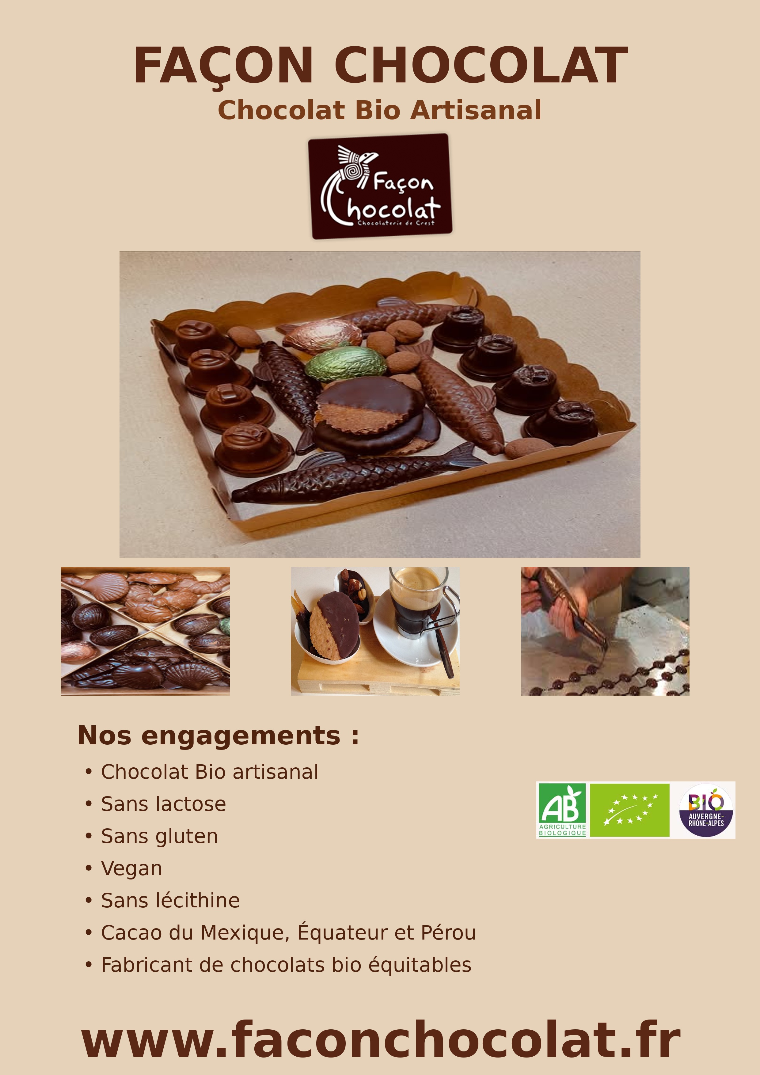 Chocolat Bio artisanal sans lactose/sans gluten, vegan/sans l&eacute;cithine (Chocolatier bio/Glacier en ligne) - Mexique/Equateur - Fa&ccedil;on Chocolat Fa&ccedil;on Chocolat, chocolatier/glacier artisanal bio &agrave; Crest/Dr&ocirc;me et fabricant de chocolats bio/&eacute;quitables, vegan, sans gluten, sans l&eacute;cithine et sans lactose, et de caf&eacute; bio, en boutique et en ligne des chocolats/glaces bio (cacao Mexique/Equateur, P&eacute;rou)