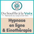 Les ressources du corps par l'hypnose et la voix chantée - Du-souffle-a-la-voix.com - Hypnose de l'eïnothérapie mêlée à un travail profond sur le souffle et la voix, l’eïnophonie est une pratique à part autant que rare. Loin du « faire » de l’hypnose ericksonienne, elle affirme le primat du corps et laisse celui-ci libérer par lui-même ce qui entrave la Personne. Le souffle et la voix augmentent le lâcher-prise et prennent eux-mêmes une autre dimension. Les vibrations sonores permettent une dissolution des tensions et restaurent l’harmonie. Une pratique que Benjamin Grenard propose à Lyon et Ancy (Monts du lyonnais), et qui a également fait ses preuves en ligne.