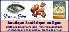 Boutique ésotérique en ligne - Dans les Yeux de Gaia - Magasin de produits ésotériques : Cartomancie, lithothérapie, minéraux, pendules, encens, bijoux en minéraux, crânes de cristal ... Dans les Yeux de Gaïa, boutique ésotérique en ligne vous propose tarots, oracles, minéraux, bijoux en minéraux, encens, sauge, librairie, crânes de cristal… La boutique en ligne "Dans les Yeux de Gaia" est un magasin ésotérique Français bien-être et d'ésotérisme né d'une réelle passion pour le bien-être, du corps et de l'esprit. Vous trouverez une sélection d'articles de bien-être qui vous aideront à retrouver un véritable havre de paix et de détente. Détail des produits ésotériques : pierres et minéraux, bijoux argent et pierres, bijoux de lithothérapie (bijoux métal, bijoux pierre, bagues, colliers, bracelets, ...), bolas de grossesse de très haute qualité, minéraux de soin ou de collection (minéraux bruts, formes libres, ...) qui, grâce à leurs propriétés énergétiques naturelles représentent une voie authentique vers l'harmonie et le bien-être du corps et de l'esprit - De plus, la petite pierre roulée au minéral de collection, en passant par les crânes et dragons de méditation...tout est disponible sur la boutique en ligne de Dans les Yeux de Gaïa qui est aussi une librairie ésotérique et Cartomancie, Divination : tarots, oracles - D'ailleurs, cette incroyable librairie «bien-être, ésotérisme et cartomancie» est particulièrement fournie en jeux de cartes divinatoires, de guidance, de développement personnel ou des jeux à thème (jeux thème fées, jeux thème féminin, jeux thème minéraux, jeux thèmes anges, ...) mais aussi en jeux de cartes ludiques - Les ouvrages sur le bien-être en général : santé, médecines douces,spiritualité, minéraux, méditation, ayurveda y sont tout aussi nombreux, ainsi que des encens et Sauge de Méditation : encens en bâtonnets, encens indiens, accessoires pour encens - De plus, sont également proposés des pôles encens en bâtonnets ou en grains, des huiles essentielles (huiles pures, à diffuser, de massage, etc...), des compléments alimentaires (élixirs minéraux, fleurs de Bach, graines germées), des articles ésotériques (bougies, neuvaines, orgonites, condensateurs d'énergie), des éléments de décoration Zen (bougeoirs, lampes de sel, statues, mobiles Feng Shui...) et bien d'autres encore (Produits bien-être, pendules et ondes...) - Cette entreprise Française vous présente également des produits bien-être comme des fleurs de vie, et des disques harmonisants fleurs de vie, qui vous permettront d'harmoniser, de purifier les mauvaises énergies et vous aideront à retrouver votre vitalité. Les Yeux de Gaïa a également des pendules, vous aidant à vous aligner et à centrer votre énergie.